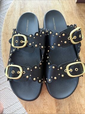 American Eagle Outfitters Black Sandal Slides with Gold Studs & Buckles